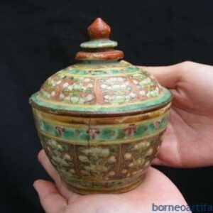 ANTIQUE AUTHENTIC Red & Green Buddhist Emblem MINI COVERED JAR Chinese Heirloom