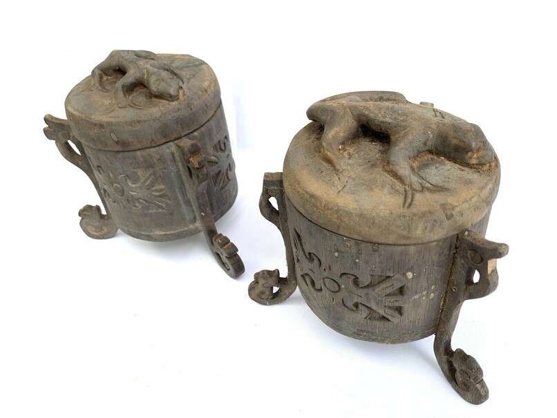 Traditional Container 180mm One Pair Tribal Box Lupong Medicine Jewelry Animal Statue Borneo Traditional Container 180mm One Pair Tribal Box Lupong Medicine Jewelry Animal Statue Borneo