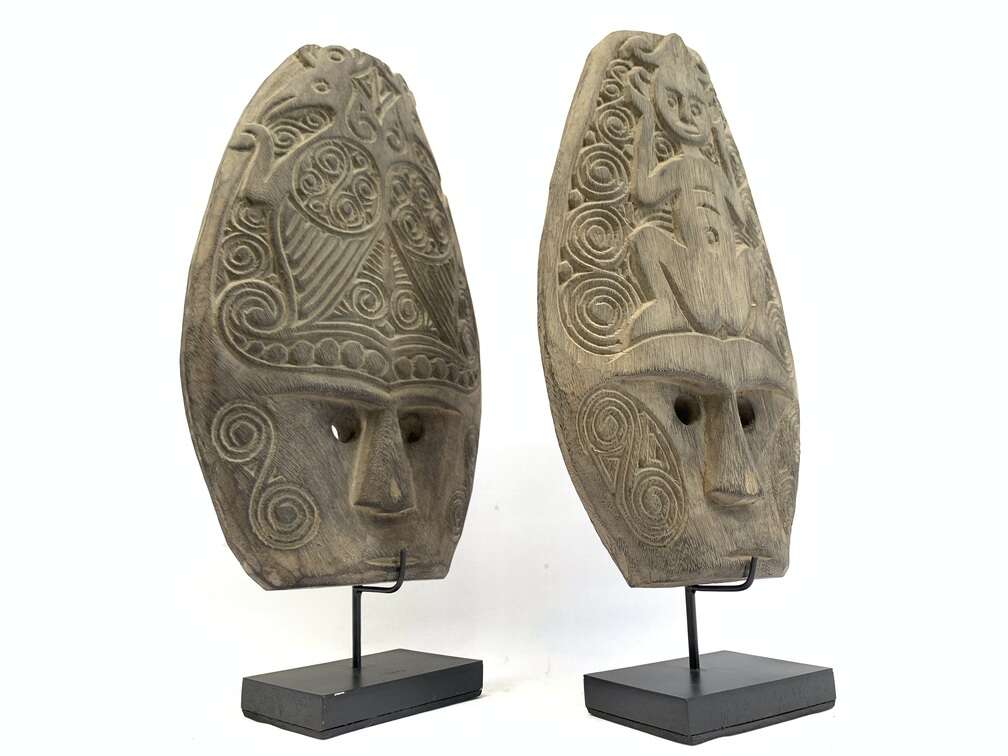 Indonesian Mask (1 Pair) Male And Female Masque Sculpture Figure Statue Acacia Wood Deco Indonesian Mask (1 Pair) Male And Female Masque Sculpture Figure Statue Acacia Wood Deco