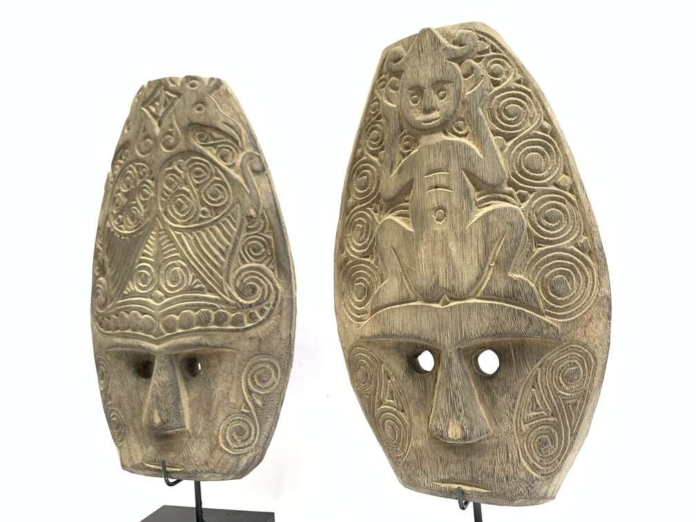Indonesian Mask (1 Pair) Male And Female Masque Sculpture Figure Statue Acacia Wood Deco Indonesian Mask (1 Pair) Male And Female Masque Sculpture Figure Statue Acacia Wood Deco