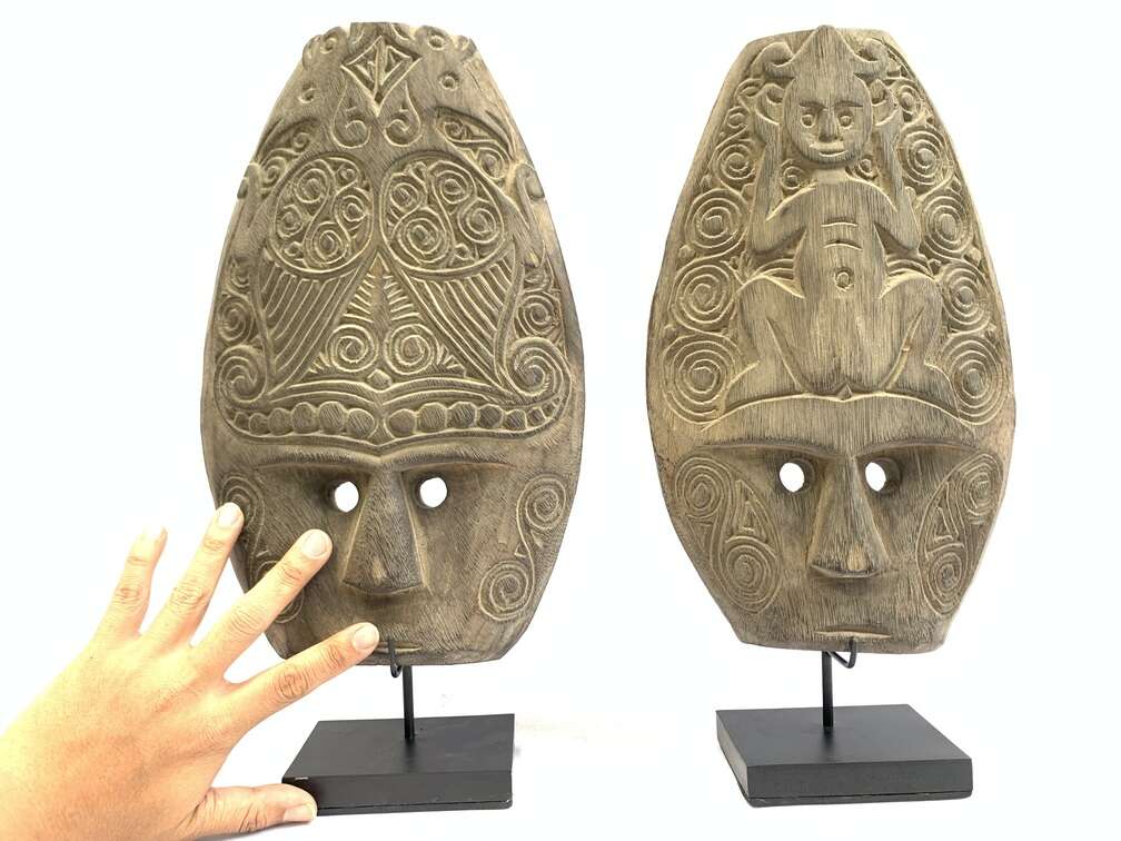 Indonesian Mask (1 Pair) Male And Female Masque Sculpture Figure Statue Acacia Wood Deco Indonesian Mask (1 Pair) Male And Female Masque Sculpture Figure Statue Acacia Wood Deco