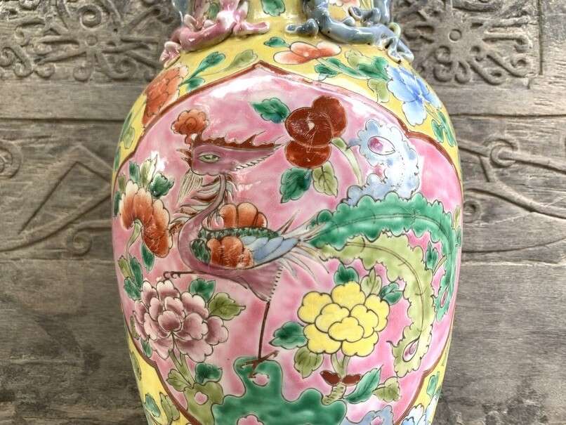 Peranakan Vase Jar Phoenix and Peonies Flower Pot Vase Pottery Feng Shui Baba Nyonya Peranakan Vase Jar Phoenix and Peonies Flower Pot Vase Pottery Feng Shui Baba Nyonya