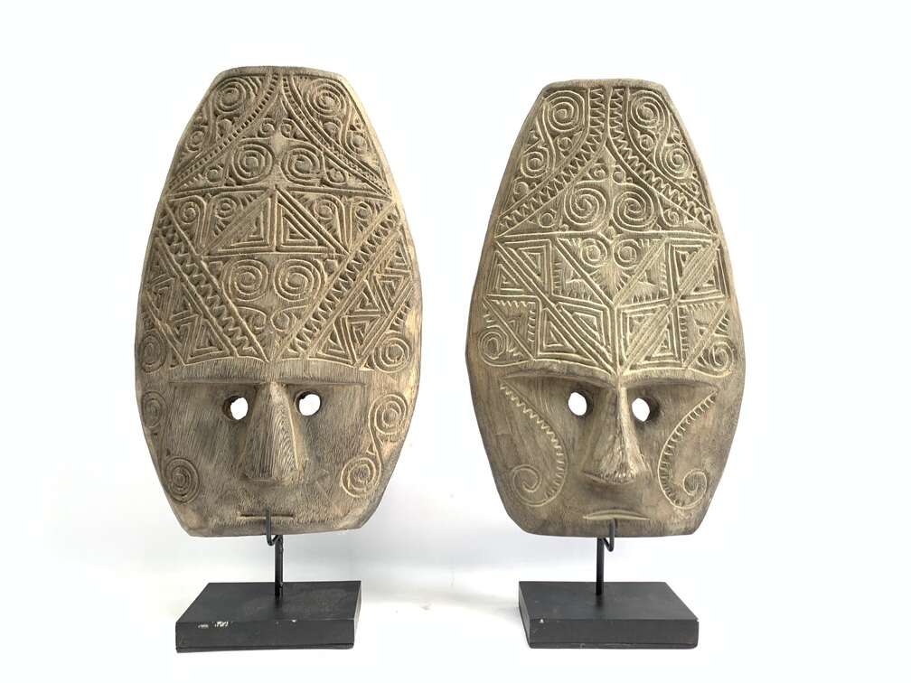 Tattooed Face 420mm (1 Pair) Tribal Nias Indonesia Mask Masque Wall Deco Wood Carving Tattooed Face 420mm (1 Pair) Tribal Nias Indonesia Mask Masque Wall Deco Wood Carving