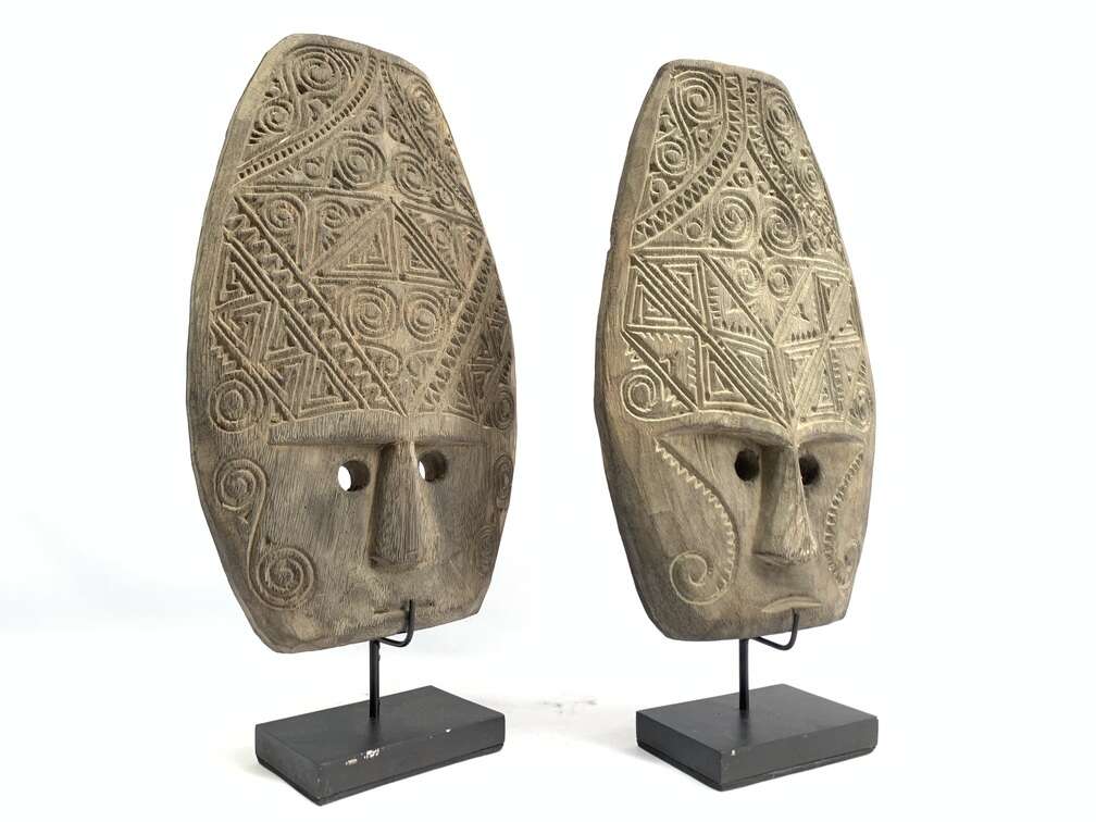 Tattooed Face 420mm (1 Pair) Tribal Nias Indonesia Mask Masque Wall Deco Wood Carving Tattooed Face 420mm (1 Pair) Tribal Nias Indonesia Mask Masque Wall Deco Wood Carving