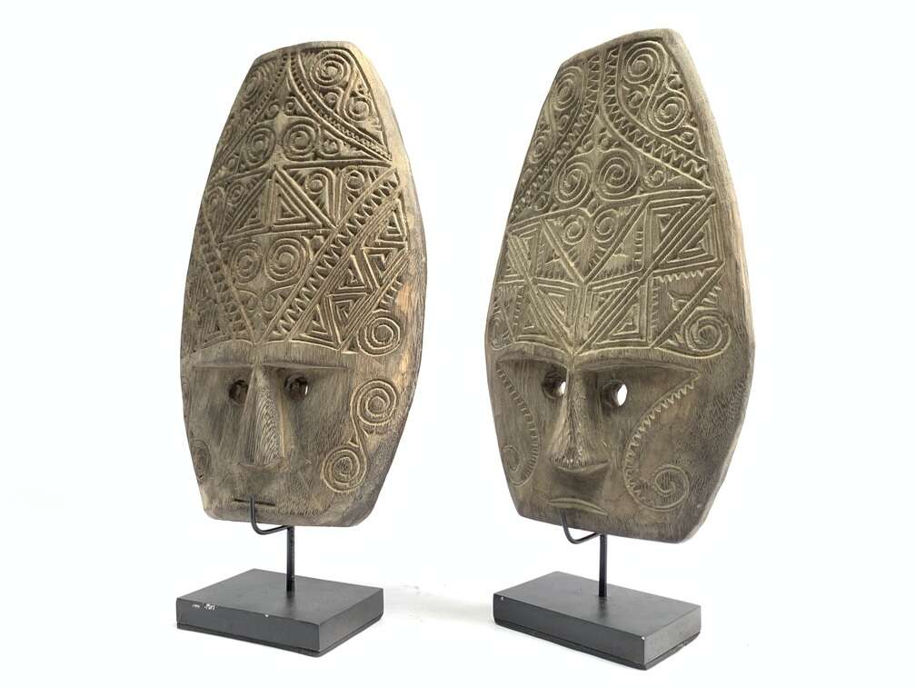 Tattooed Face 420mm (1 Pair) Tribal Nias Indonesia Mask Masque Wall Deco Wood Carving Tattooed Face 420mm (1 Pair) Tribal Nias Indonesia Mask Masque Wall Deco Wood Carving