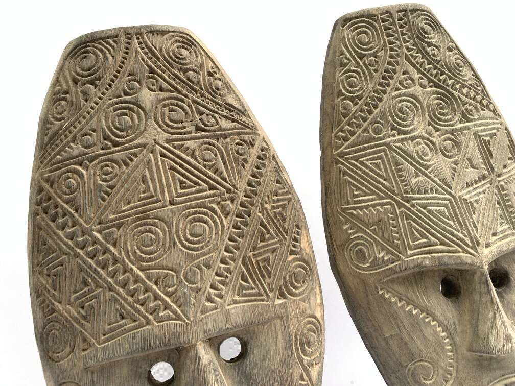 Tattooed Face 420mm (1 Pair) Tribal Nias Indonesia Mask Masque Wall Deco Wood Carving Tattooed Face 420mm (1 Pair) Tribal Nias Indonesia Mask Masque Wall Deco Wood Carving