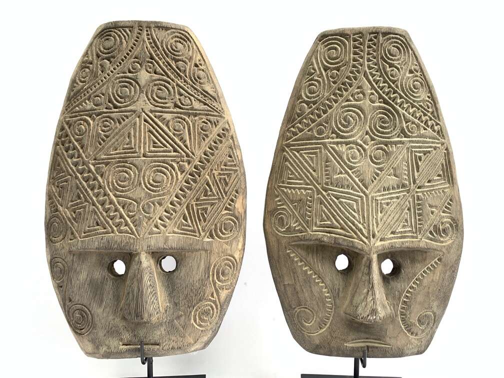 Tattooed Face 420mm (1 Pair) Tribal Nias Indonesia Mask Masque Wall Deco Wood Carving Tattooed Face 420mm (1 Pair) Tribal Nias Indonesia Mask Masque Wall Deco Wood Carving