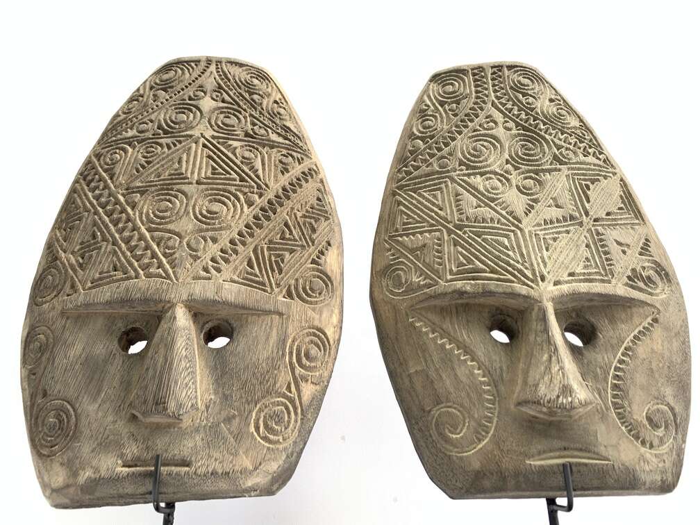 Tattooed Face 420mm (1 Pair) Tribal Nias Indonesia Mask Masque Wall Deco Wood Carving Tattooed Face 420mm (1 Pair) Tribal Nias Indonesia Mask Masque Wall Deco Wood Carving