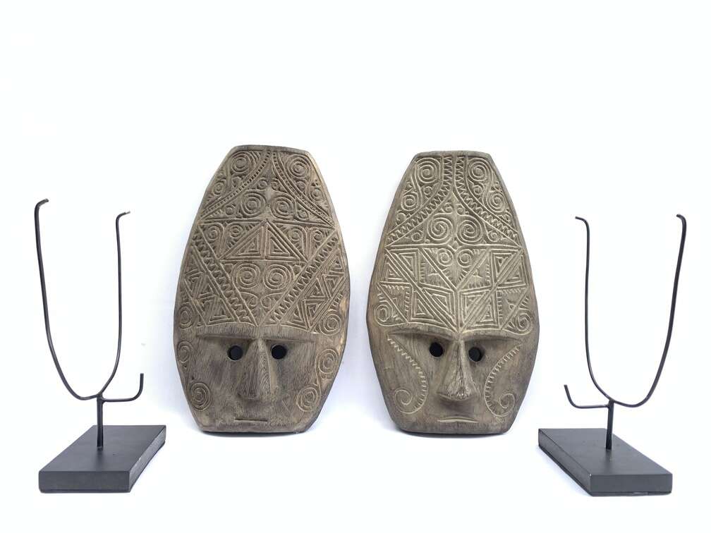 Tattooed Face 420mm (1 Pair) Tribal Nias Indonesia Mask Masque Wall Deco Wood Carving Tattooed Face 420mm (1 Pair) Tribal Nias Indonesia Mask Masque Wall Deco Wood Carving