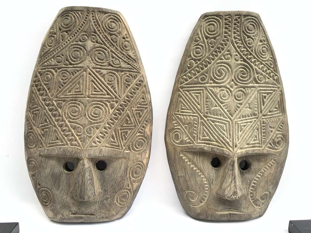 Tattooed Face 420mm (1 Pair) Tribal Nias Indonesia Mask Masque Wall Deco Wood Carving Tattooed Face 420mm (1 Pair) Tribal Nias Indonesia Mask Masque Wall Deco Wood Carving