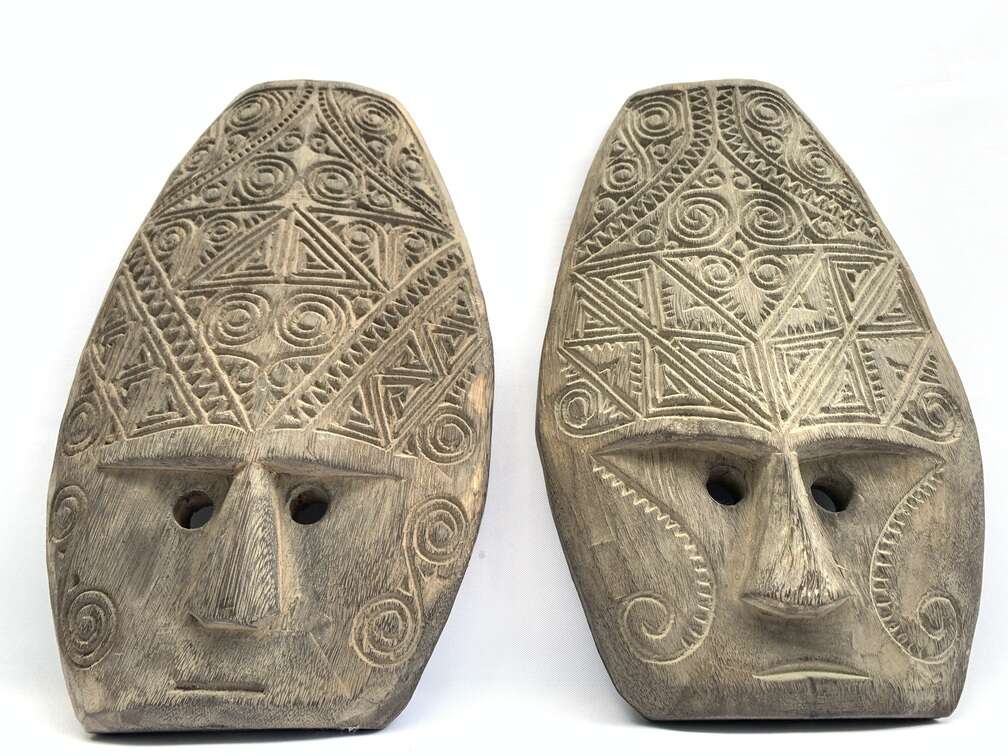 Tattooed Face 420mm (1 Pair) Tribal Nias Indonesia Mask Masque Wall Deco Wood Carving Tattooed Face 420mm (1 Pair) Tribal Nias Indonesia Mask Masque Wall Deco Wood Carving