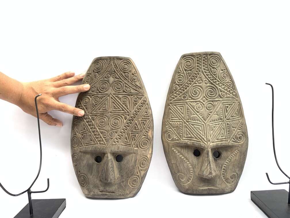 Tattooed Face 420mm (1 Pair) Tribal Nias Indonesia Mask Masque Wall Deco Wood Carving Tattooed Face 420mm (1 Pair) Tribal Nias Indonesia Mask Masque Wall Deco Wood Carving