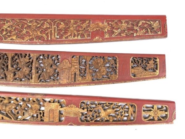 SET OF THREE (Length: 1255-1335mm) ANTIQUE CHINESE WEDDING PANEL Wood Carving Peranakan RED AND GILT